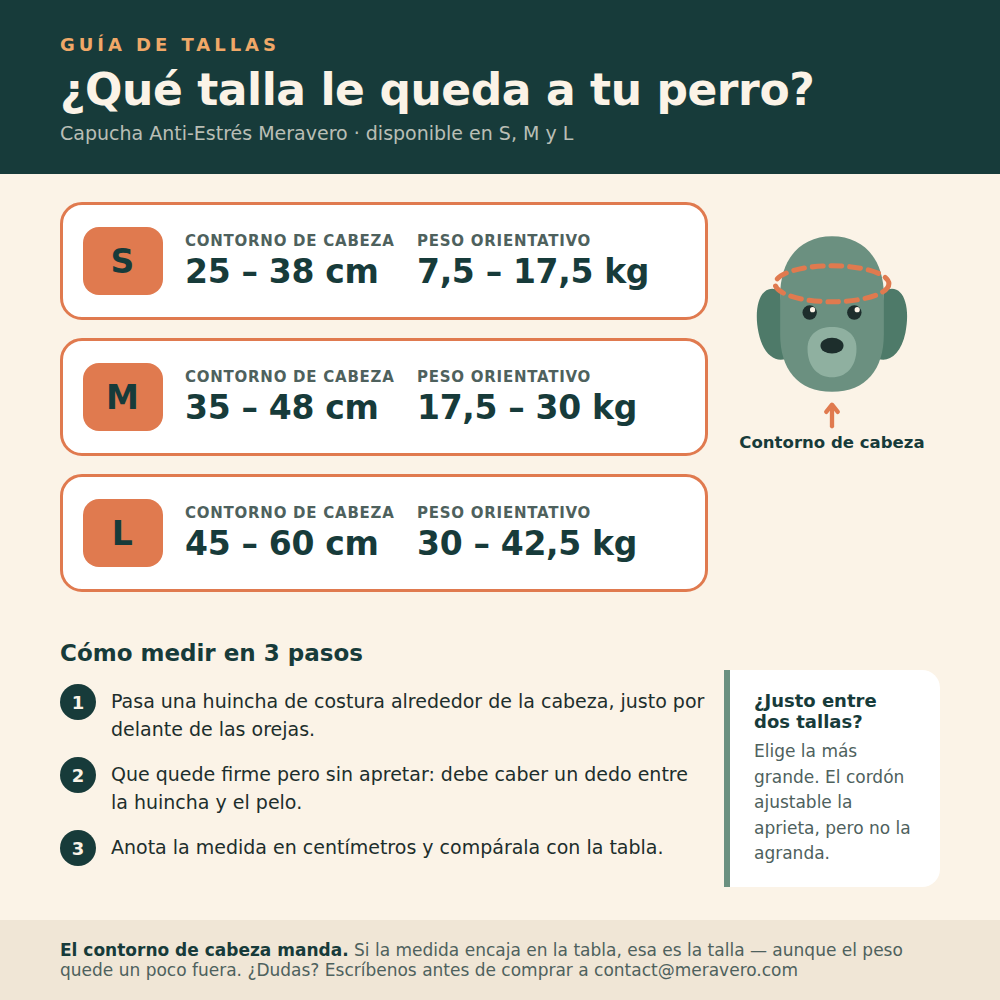 Guía de tallas Meravero: S 25–38 cm, M 35–48 cm, L 45–60 cm de contorno de cabeza